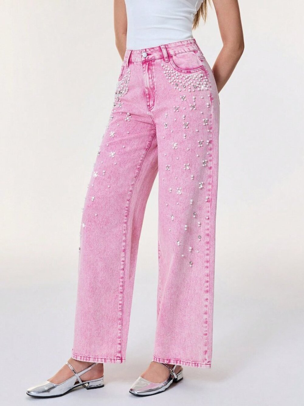 Pink Casual Women's Faux Pearl Decor Pocket Wide Leg Loose Fit Jeans